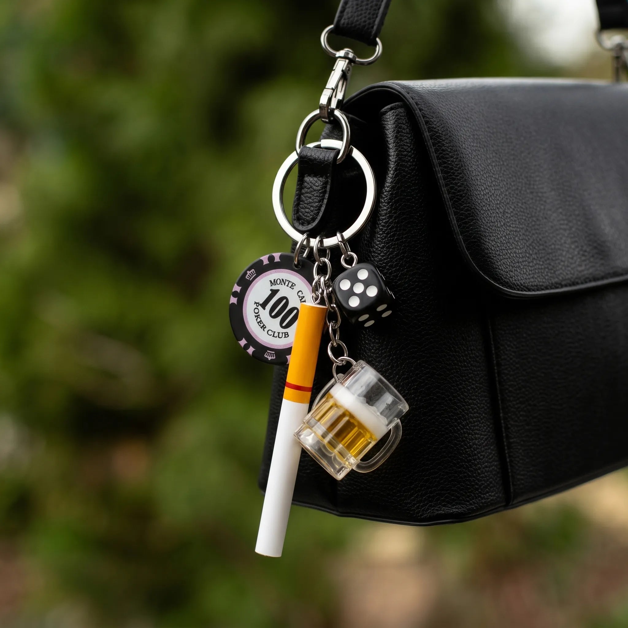 Casino Night Keychain Charm with Cigarette, Beer Mug, Dice & Poker Chip