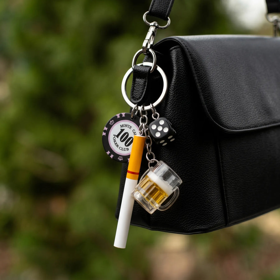 Casino Night Keychain Charm with Cigarette, Beer Mug, Dice & Poker Chip