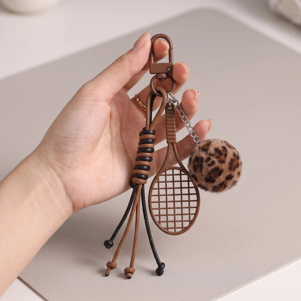 Brown Sports Keychain Charm with Tennis Racket, Leopard Fuzzy Ball & Braided Cord