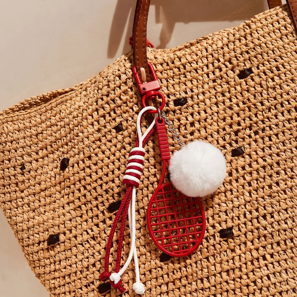 Red Sports Keychain Charm with Tennis Racket, White Fuzzy Ball & Braided Cord