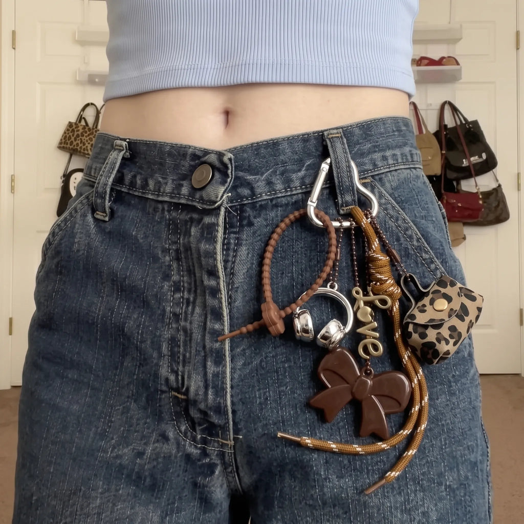 Brown Aesthetic Bag Charm with Bow, Headphones, Leopard Coin Pouch & Love Charm