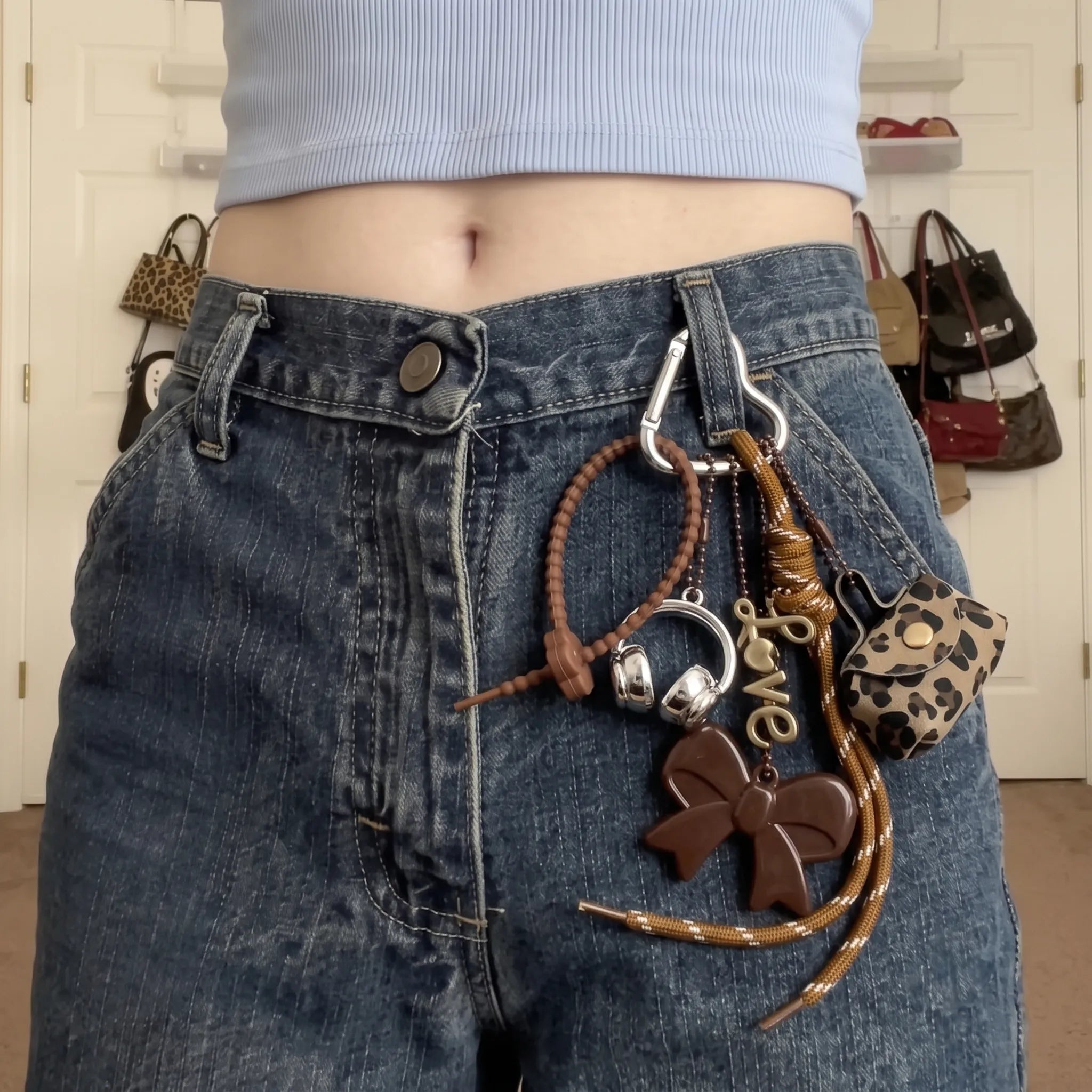 Brown Aesthetic Bag Charm with Bow, Headphones, Leopard Coin Pouch & Love Charm