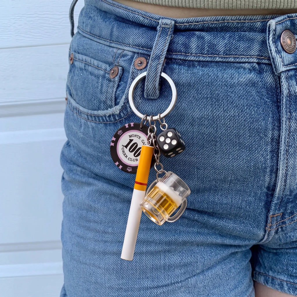 Casino Night Keychain Charm with Cigarette, Beer Mug, Dice & Poker Chip