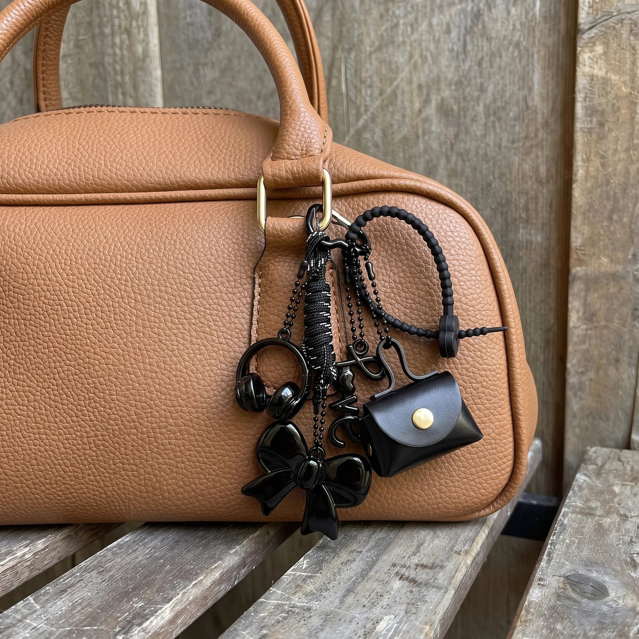 Black Minimalist Bag Charm with Bow, Headphones, Mini Coin Pouch & Love Charm
