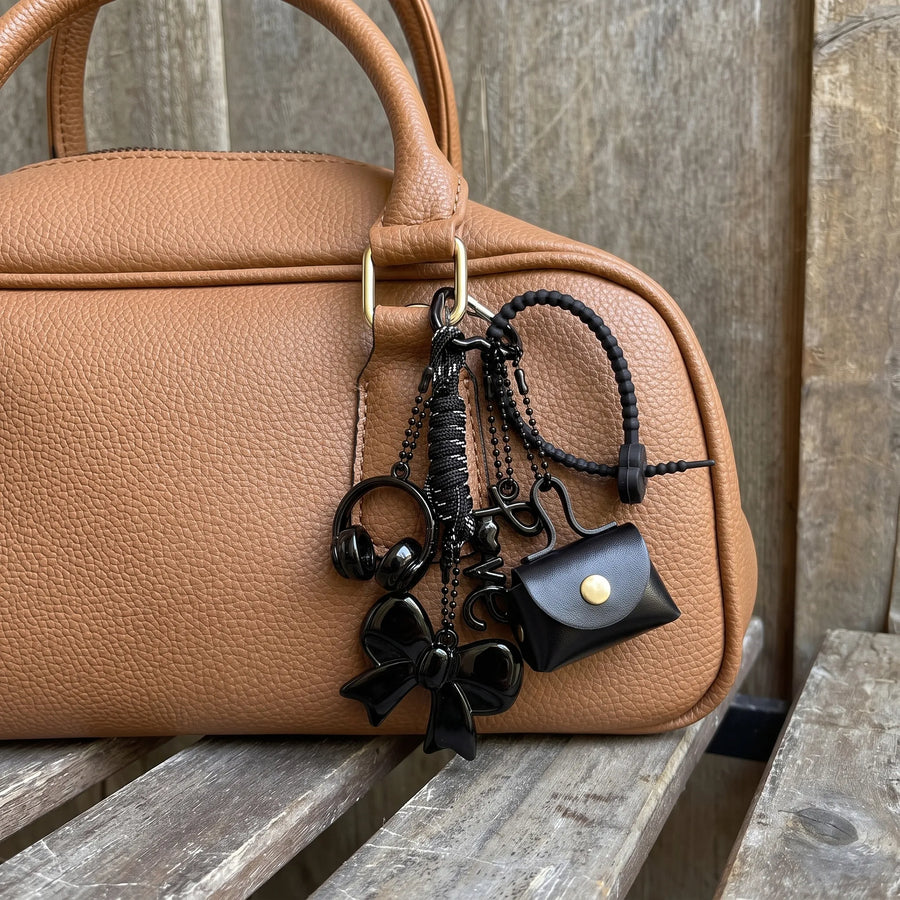 Black Minimalist Bag Charm with Bow, Headphones, Mini Coin Pouch & Love Charm