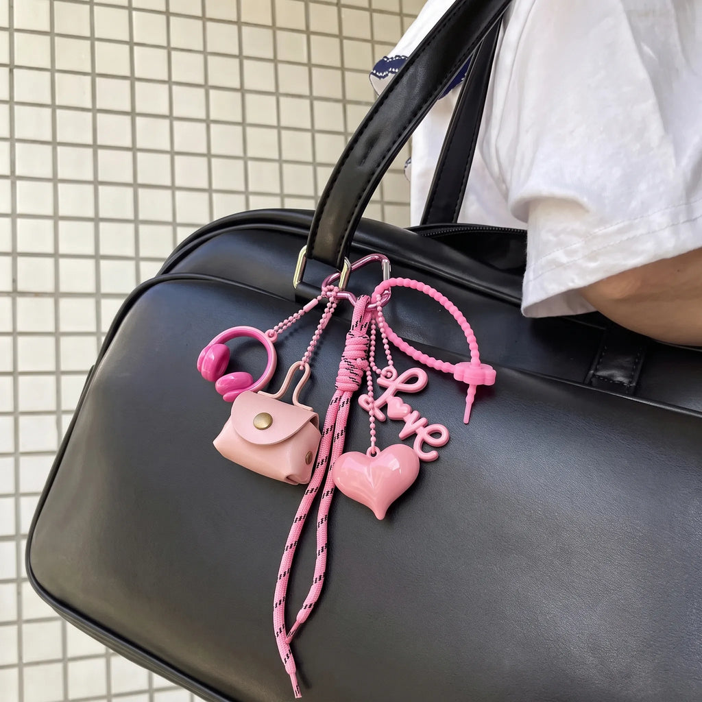 Pink Aesthetic Bag Charm with Heart, Headphones, Mini Coin Pouch & Love Ch