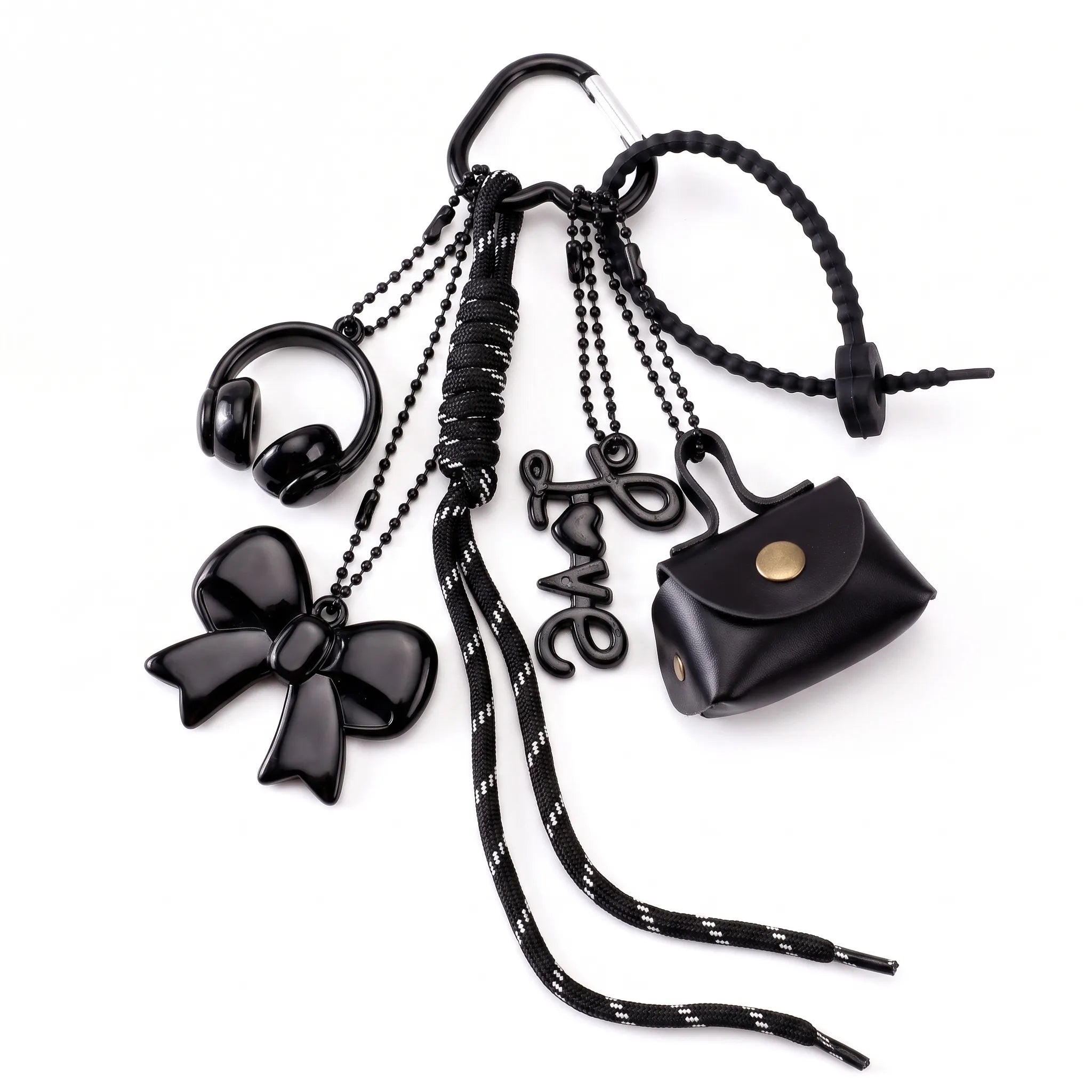 Black Minimalist Bag Charm with Bow, Headphones, Mini Coin Pouch & Love Charm