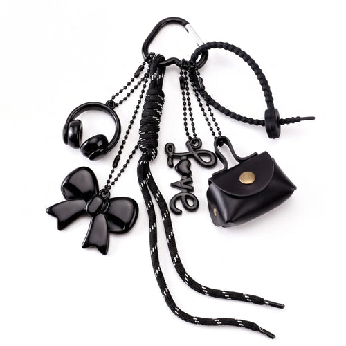 Black Minimalist Bag Charm with Bow, Headphones, Mini Coin Pouch & Love Charm