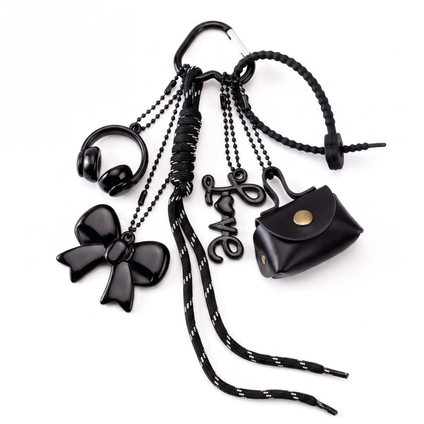 Black Minimalist Bag Charm with Bow, Headphones, Mini Coin Pouch & Love Charm