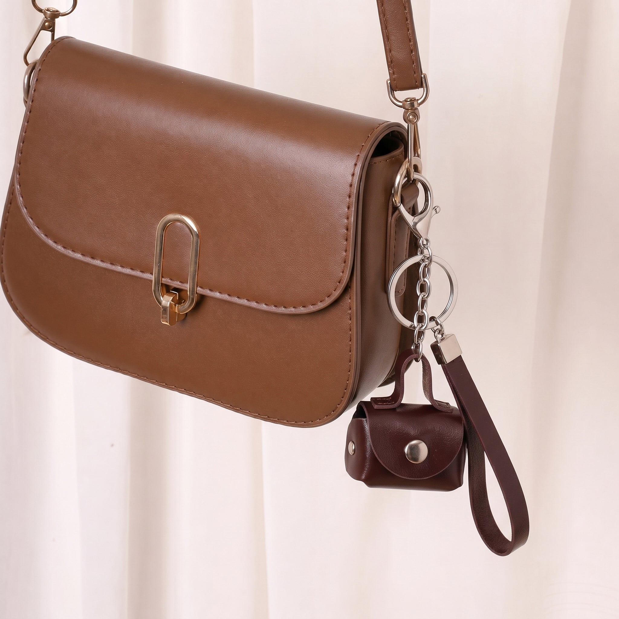 Minimalist Brown Mini Coin Pouch Bag Charm with Wrist Strap