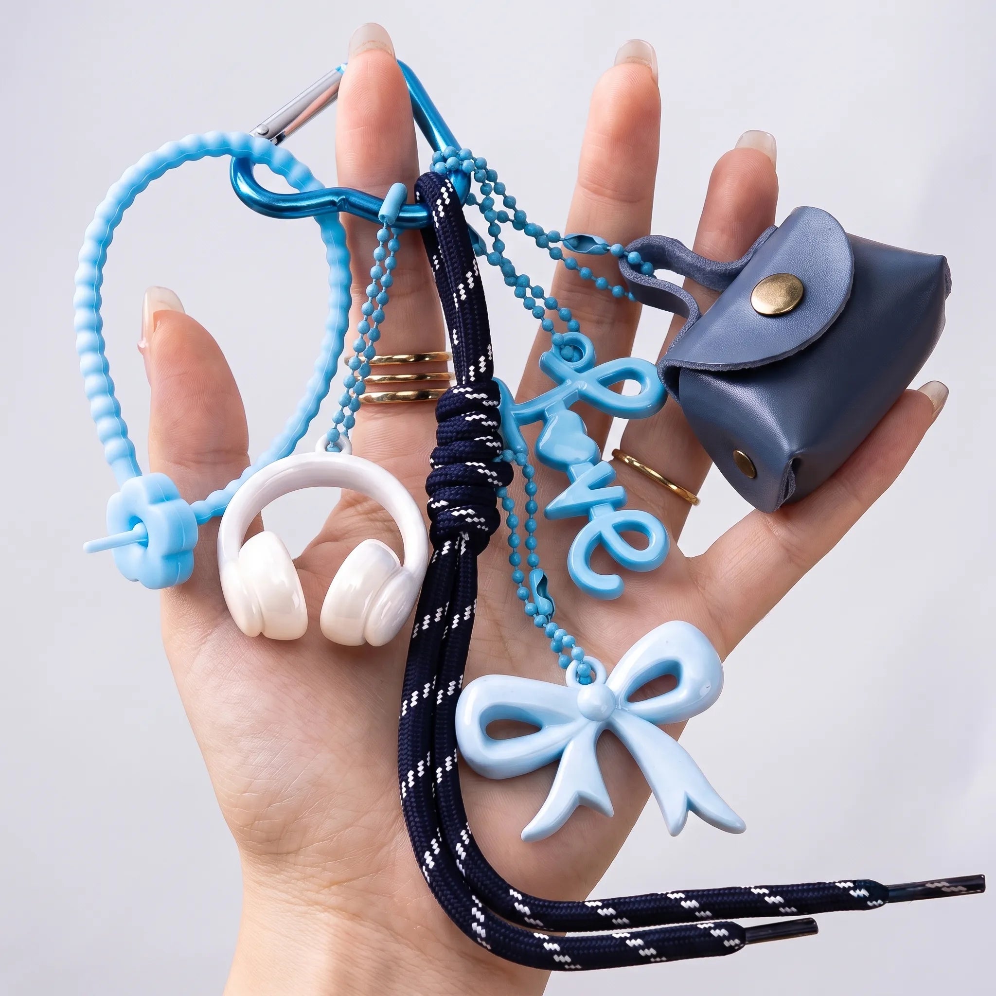 Blue Aesthetic Bag Charm with Bow, Headphones, Mini Coin Pouch & Love Charm
