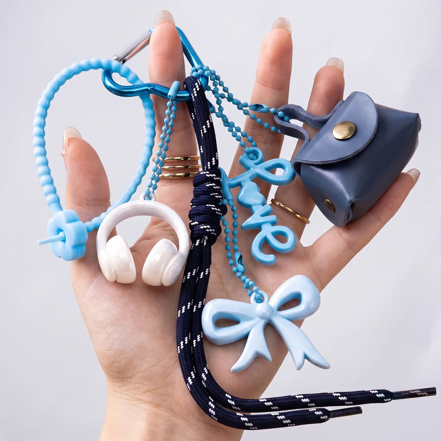 Blue Aesthetic Bag Charm with Bow, Headphones, Mini Coin Pouch & Love Charm