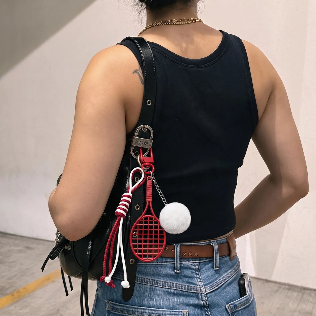 Red Sports Keychain Charm with Tennis Racket, White Fuzzy Ball & Braided Cord