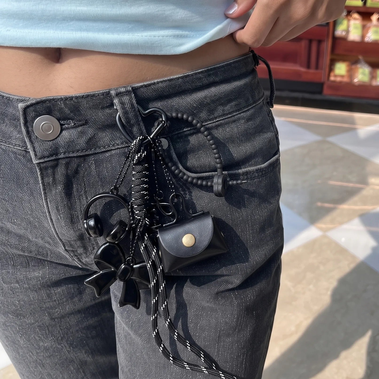 Black Minimalist Bag Charm with Bow, Headphones, Mini Coin Pouch & Love Charm