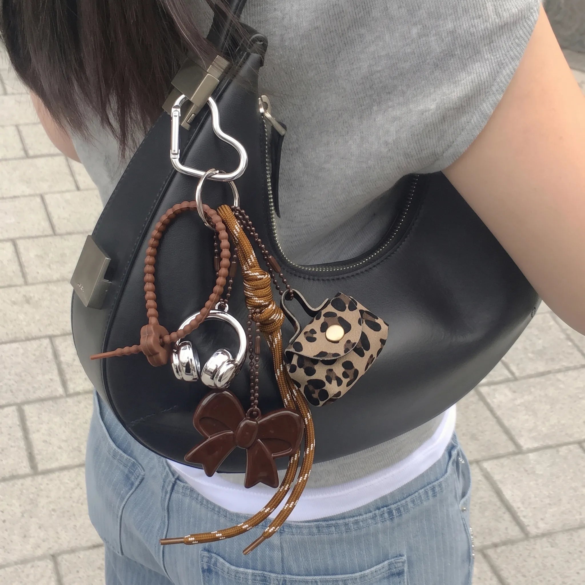 Brown Aesthetic Bag Charm with Bow, Headphones, Leopard Coin Pouch & Love Charm