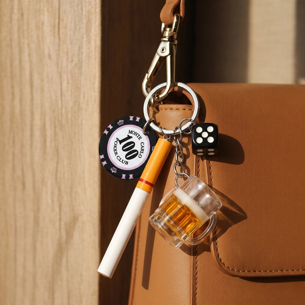 Casino Night Keychain Charm with Cigarette, Beer Mug, Dice & Poker Chip