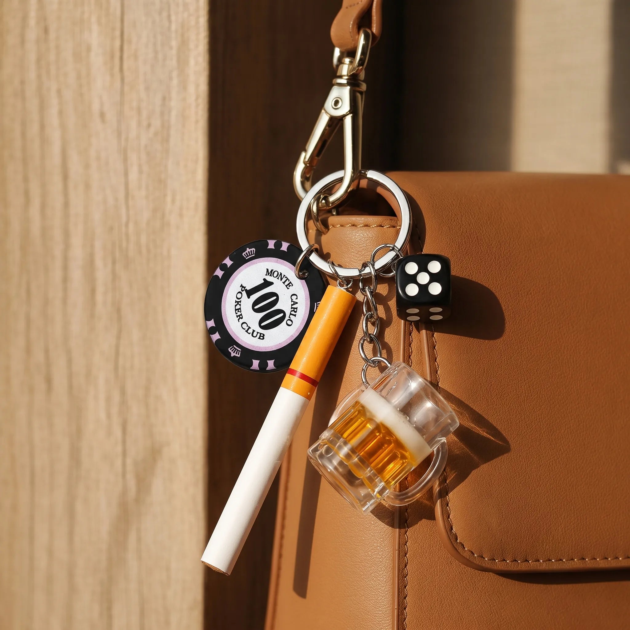 Casino Night Keychain Charm with Cigarette, Beer Mug, Dice & Poker Chip
