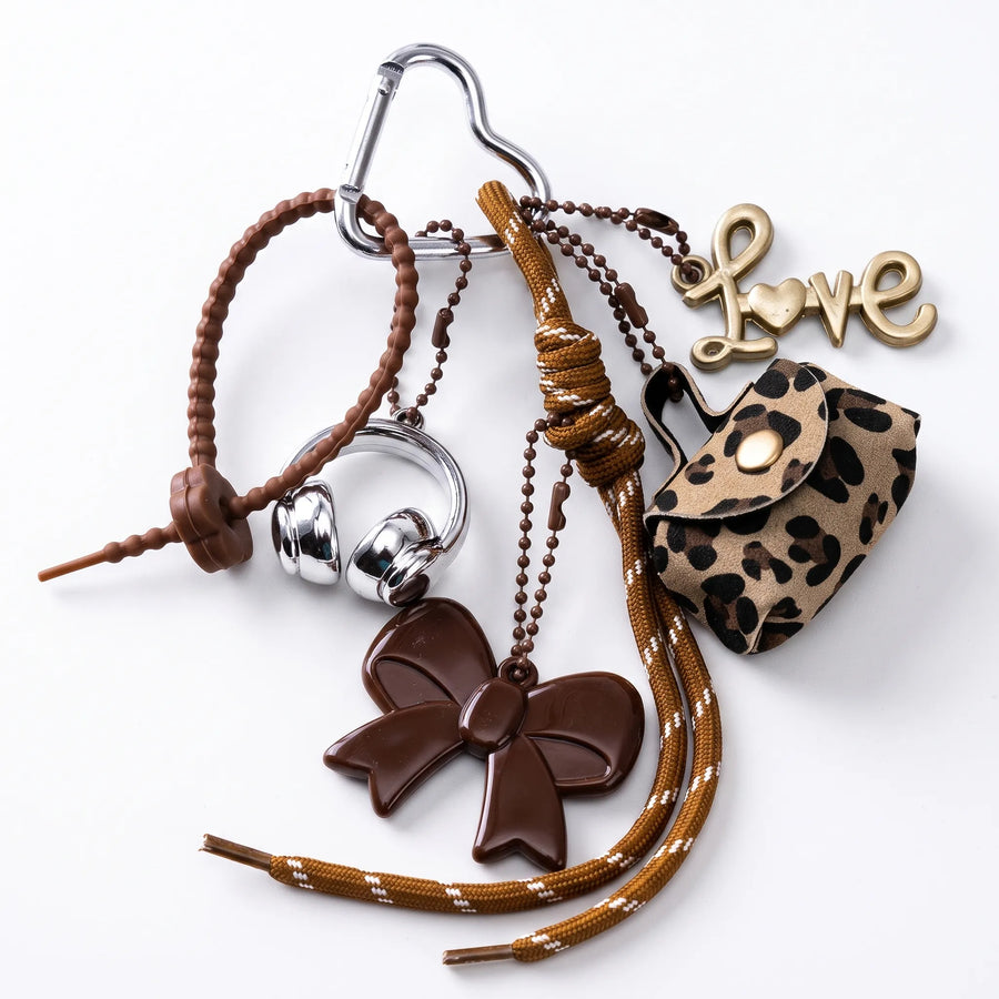 Brown Aesthetic Bag Charm with Bow, Headphones, Leopard Coin Pouch & Love Charm