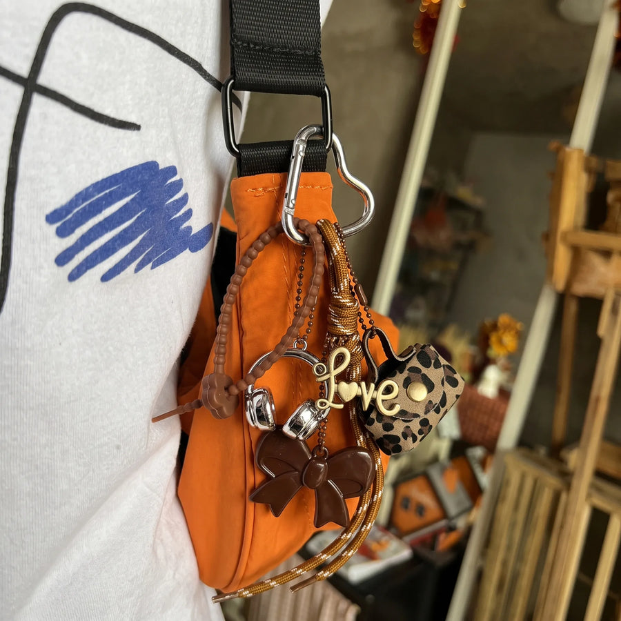 Brown Aesthetic Bag Charm with Bow, Headphones, Leopard Coin Pouch & Love Charm