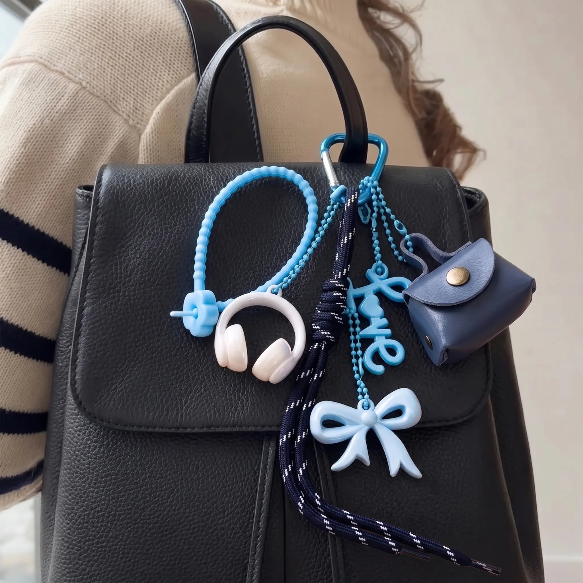 Blue Aesthetic Bag Charm with Bow, Headphones, Mini Coin Pouch & Love Charm
