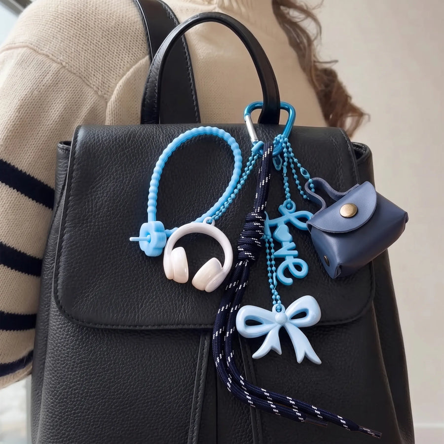 Blue Aesthetic Bag Charm with Bow, Headphones, Mini Coin Pouch & Love Charm