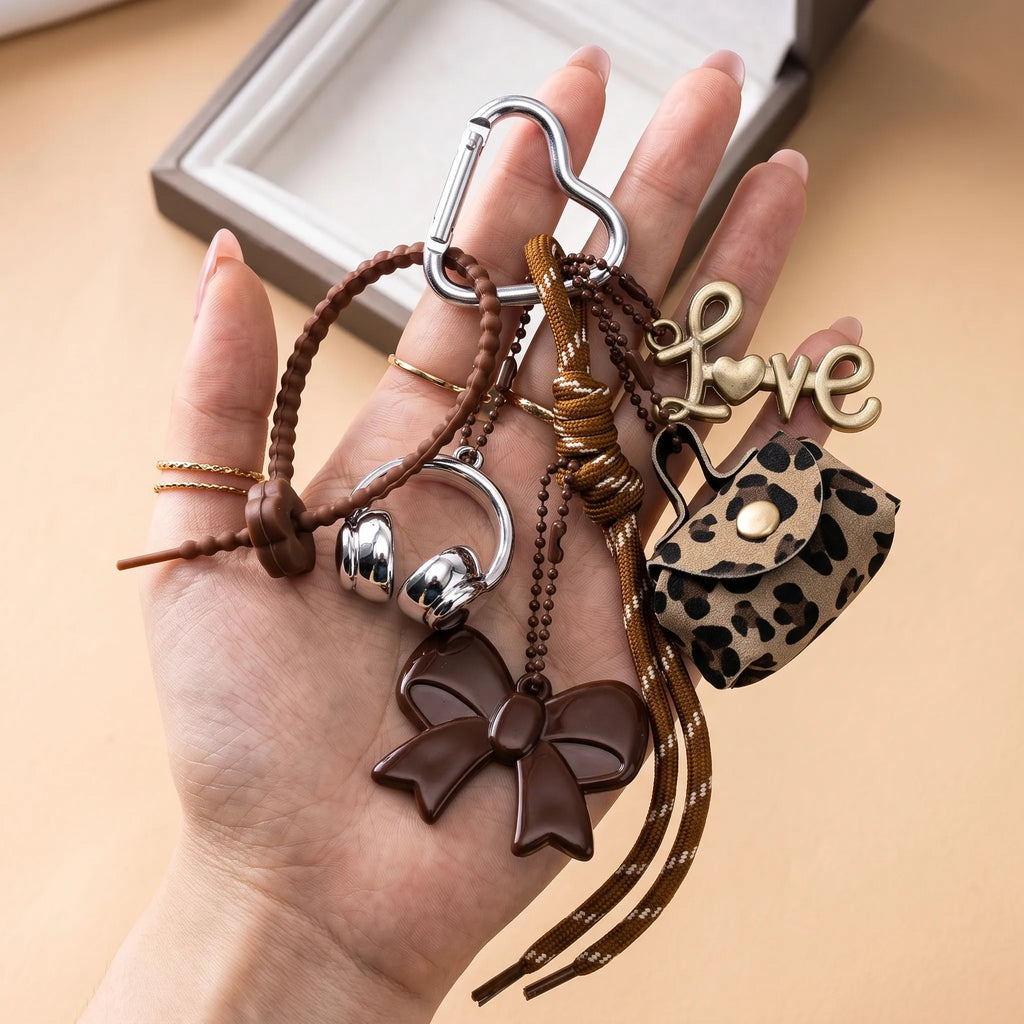 Brown Aesthetic Bag Charm with Bow, Headphones, Leopard Coin Pouch & Love Charm