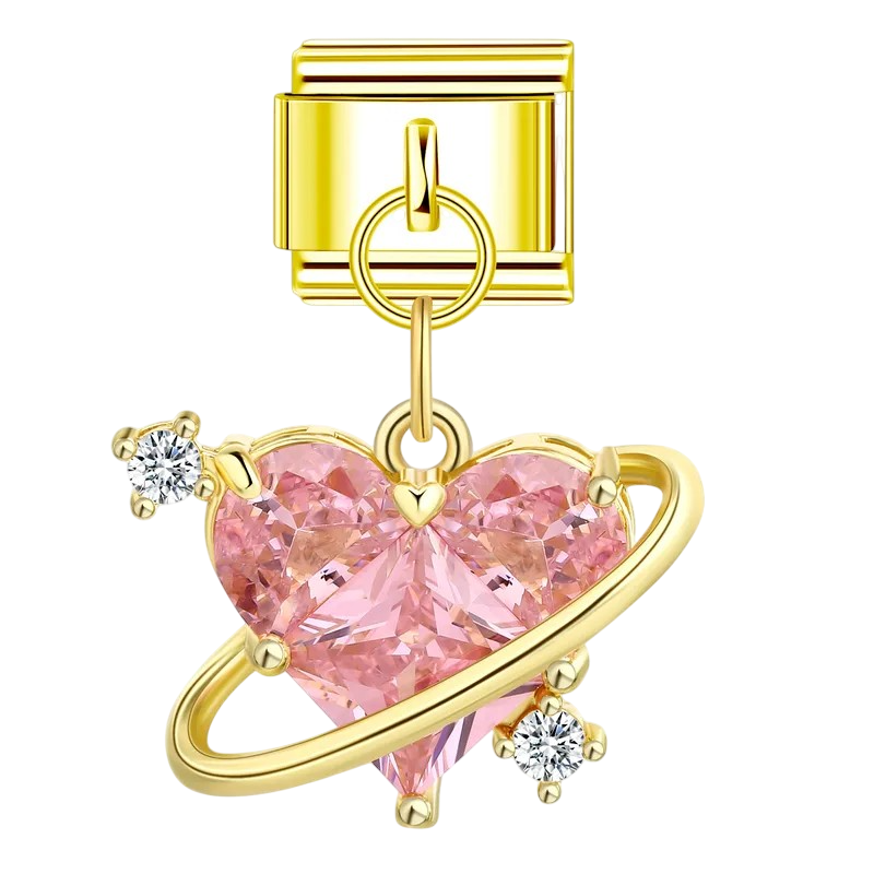 Gold Pink Heart Planet Charm