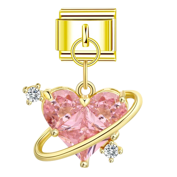 Gold Pink Heart Planet Charm
