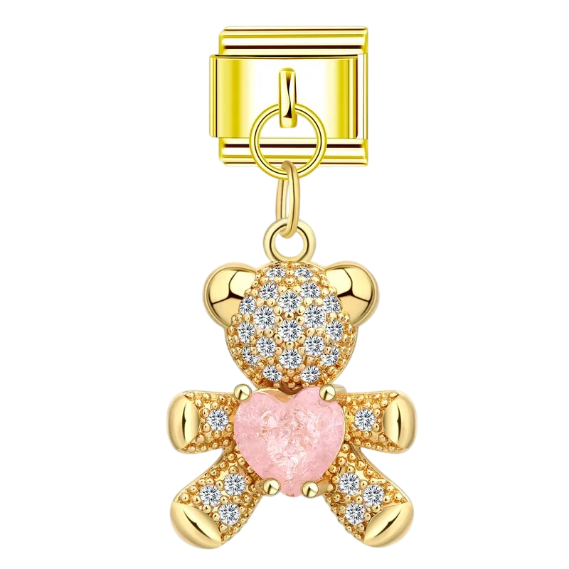 Gold Pink Heart Teddy Bear Charm