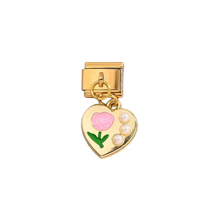 Gold Rose and Pearl Heart Dangle gold charm - Default Title