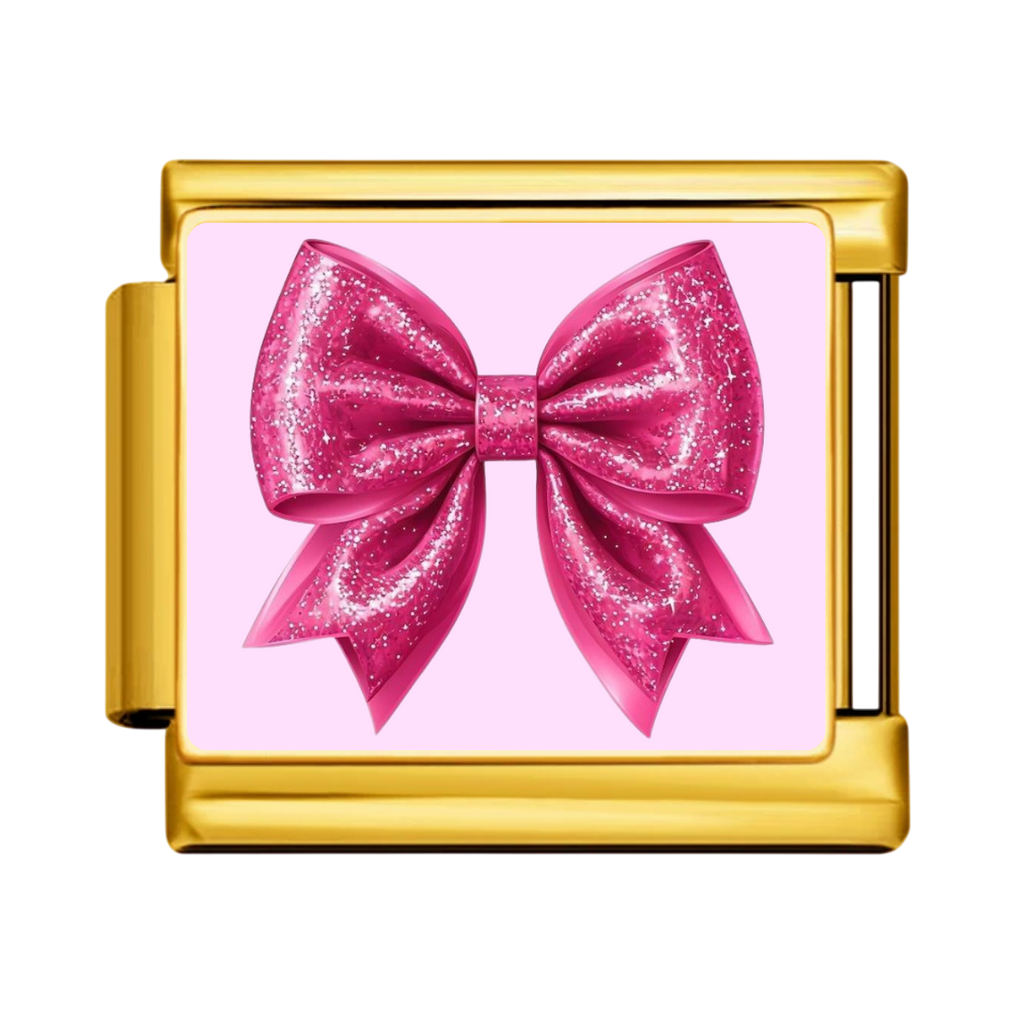 Pink Glitter Bow Charm - Gold