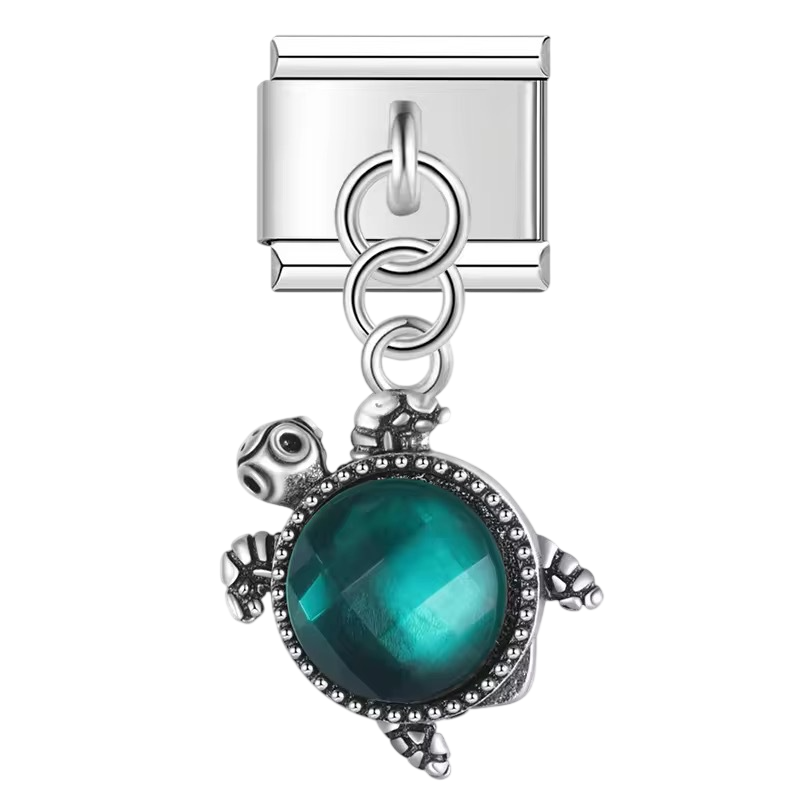 Green Crystal Turtle Dangle Silver Charm