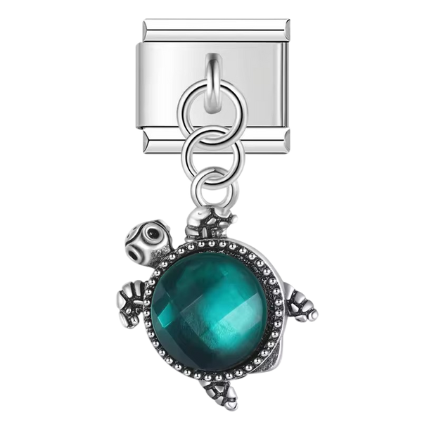 Green Crystal Turtle Dangle Silver Charm