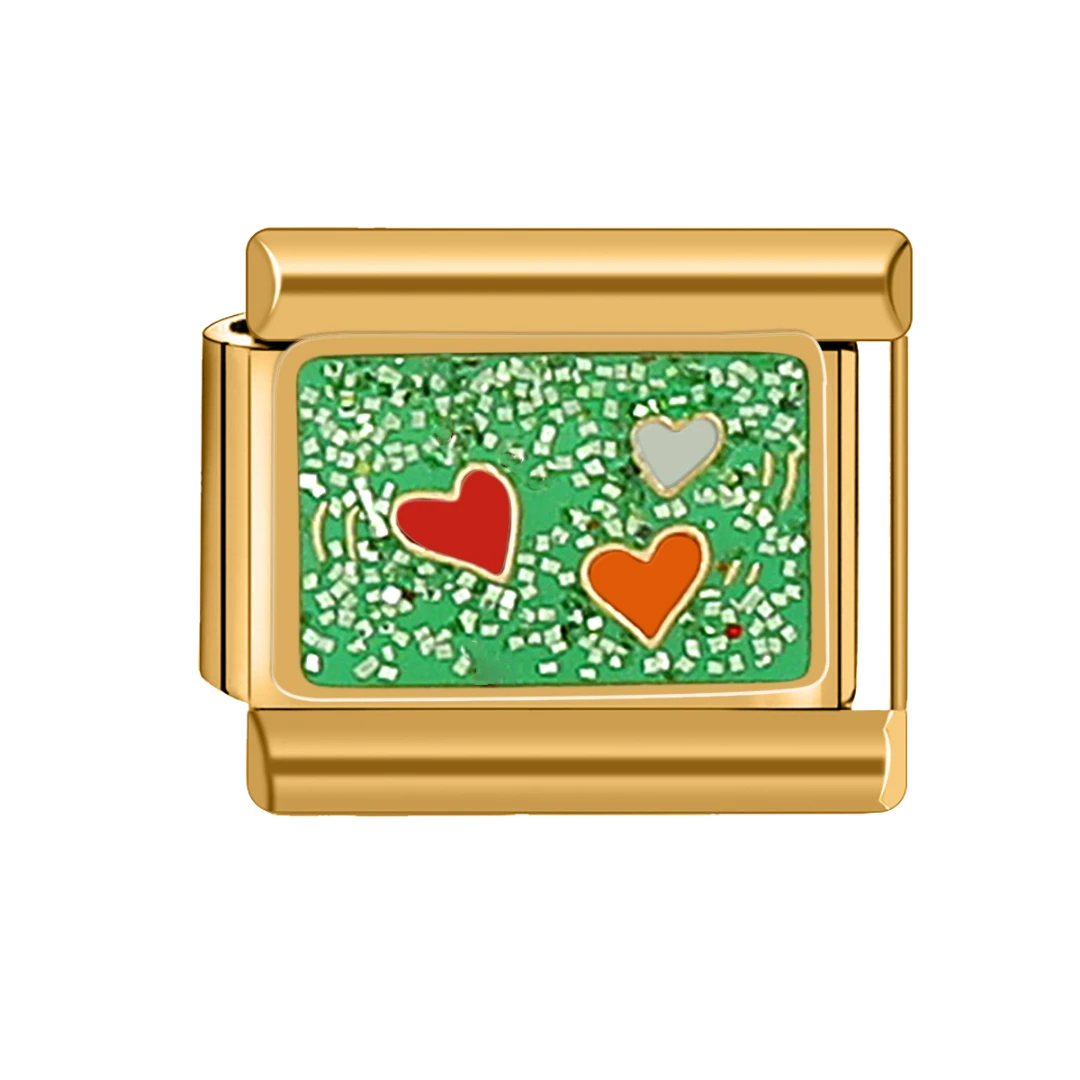 Heart with Green glittery background Gold Charm