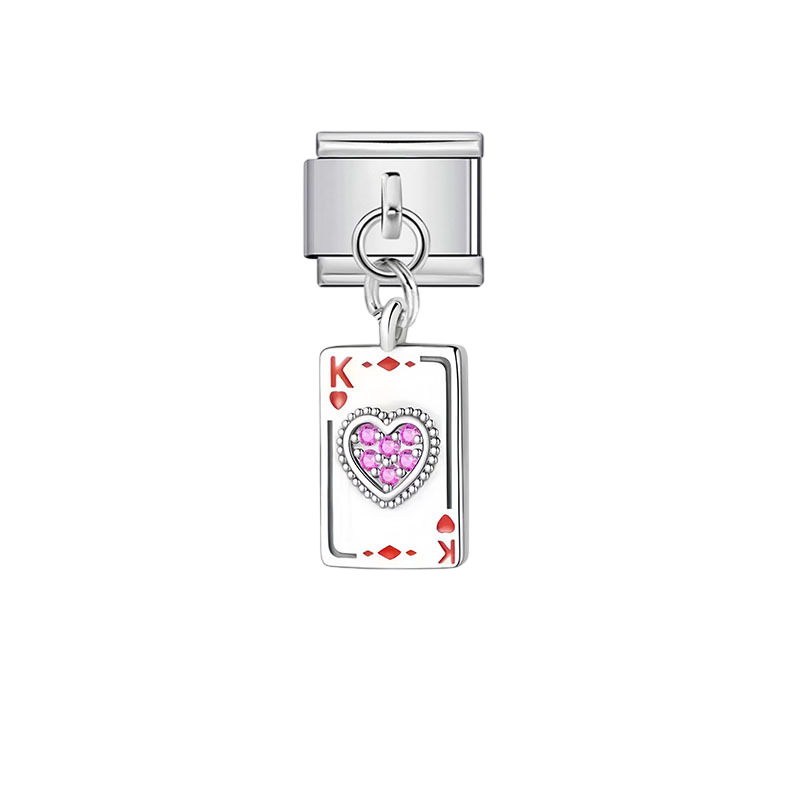 King of Hearts Pink Crystal Playing Card Dangle Silver Charm