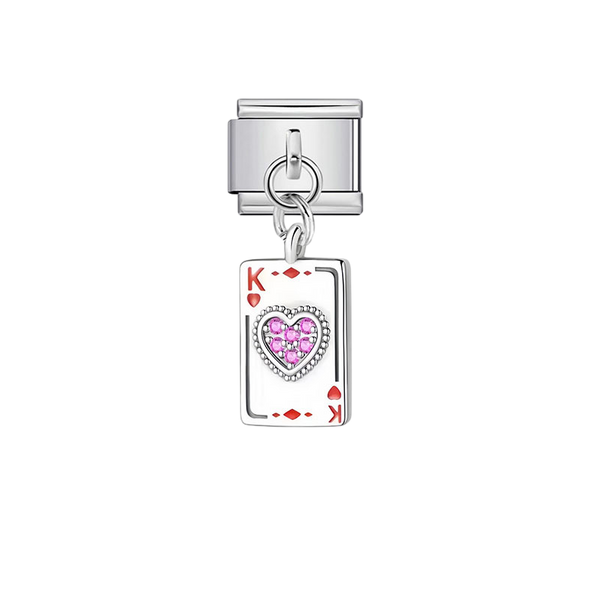 King of Hearts Pink Crystal Playing Card Dangle Silver Charm