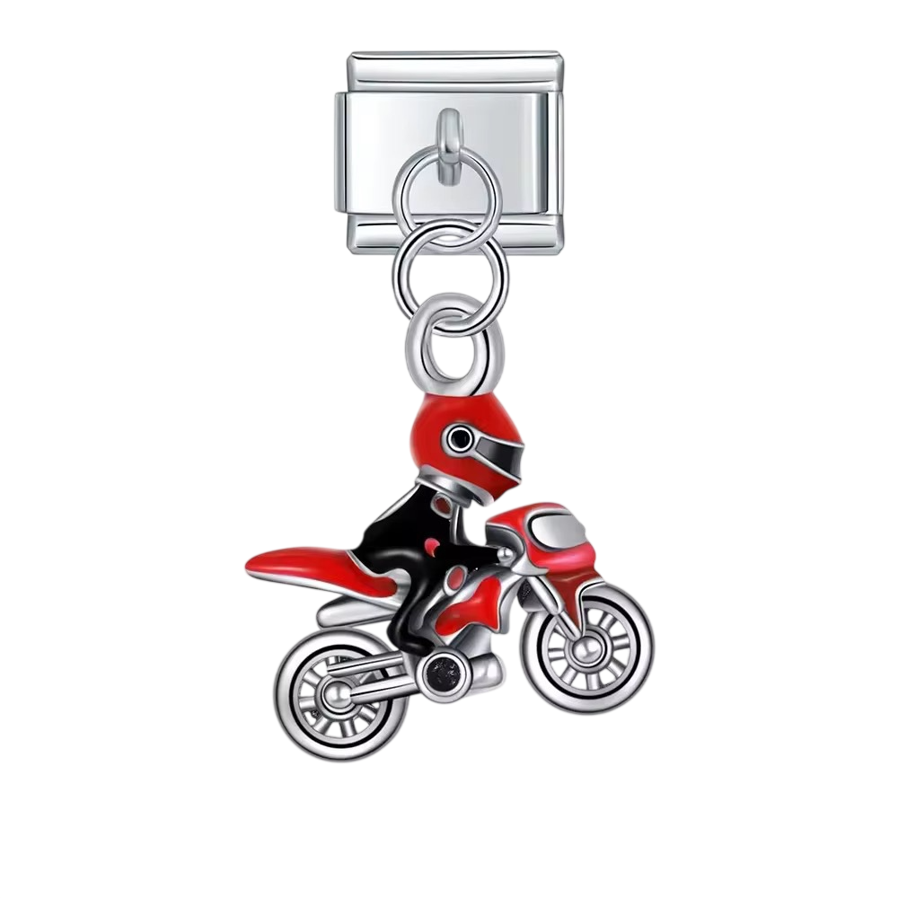 Motorcycle Rider Dangle Silver Charm