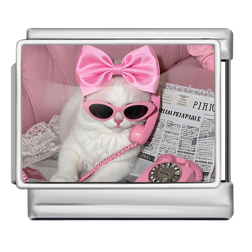 Pink Bow Cat Silver Charm