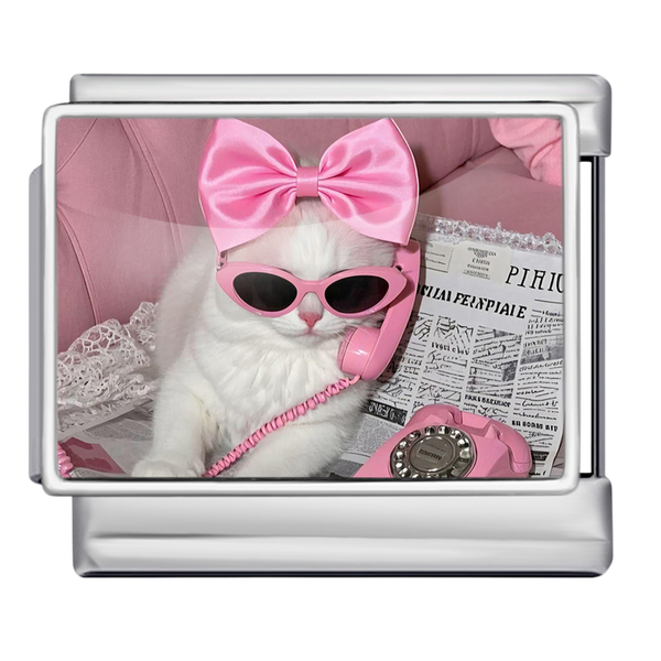Pink Bow Cat Silver Charm