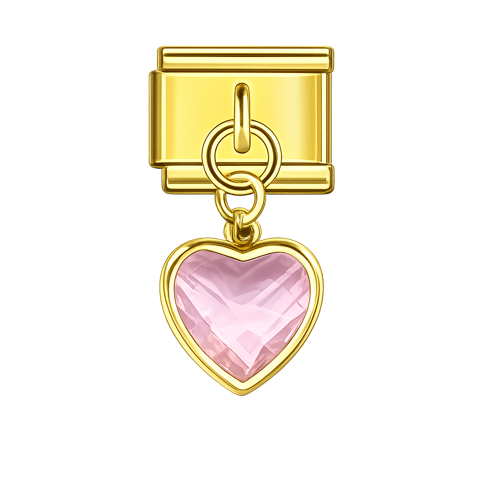 Pink Crystal Heart Dangling Gold Charm