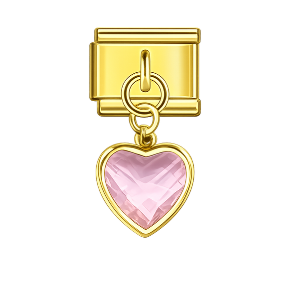 Pink Crystal Heart Dangling Gold Charm