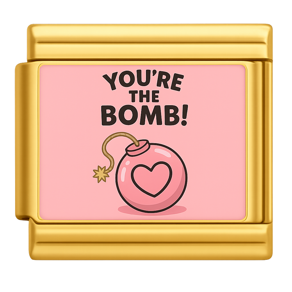 Pink Heart Bomb Charm with Youre the Bomb Text Gold Charms