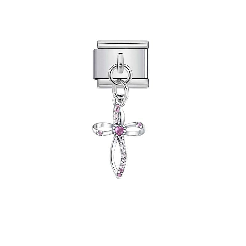 Pink Heart Crystal Cross Dangle Silver Charm