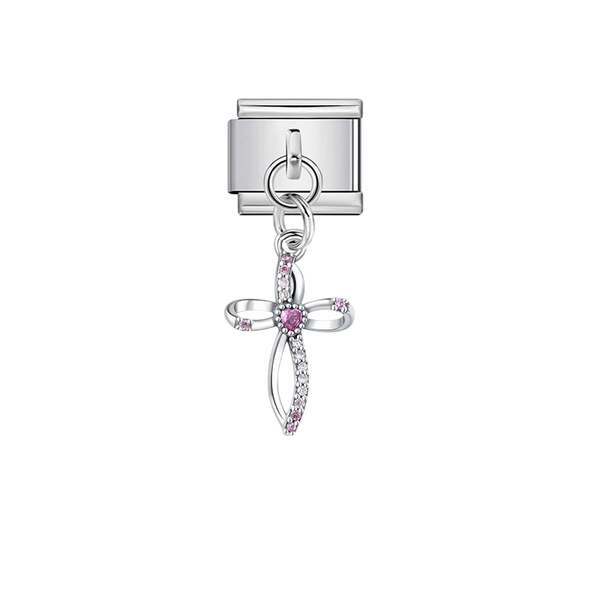 Pink Heart Crystal Cross Dangle Silver Charm