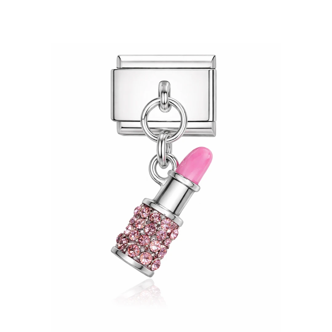 Pink Lipstick Dangle silver Charm