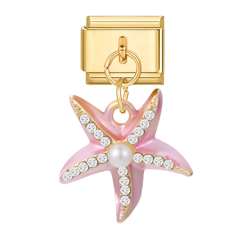 Pink Pearl Starfish Dangle Gold Charm
