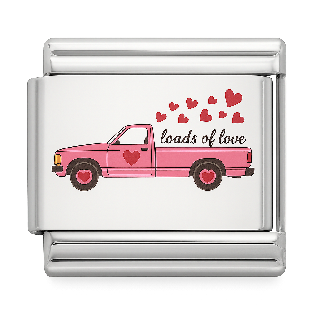 Pink Pickup Truck with Hearts and Loads of Love Silver Charms