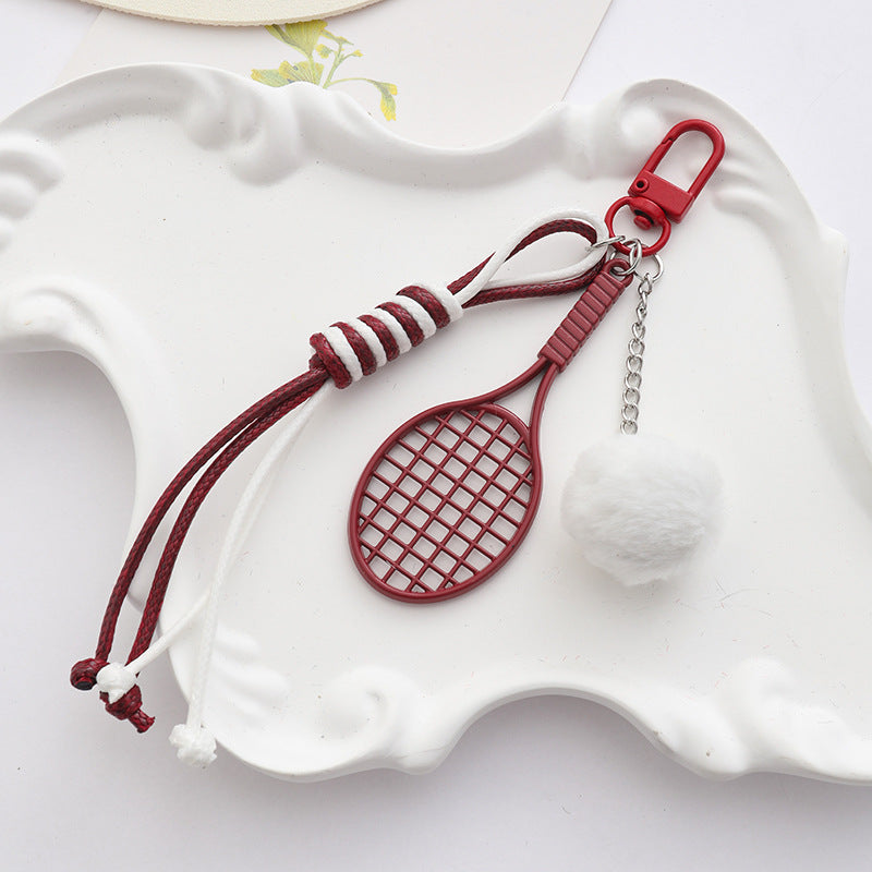 Red Sports Keychain Charm with Tennis Racket, White Fuzzy Ball & Braided Cord