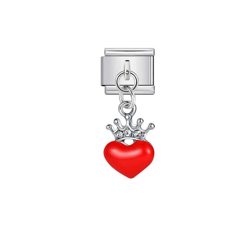 Red Heart with Crown Dangle Silver Charm