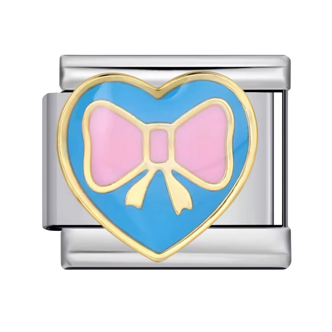 Silver Blue Heart with Pink Bow Charm